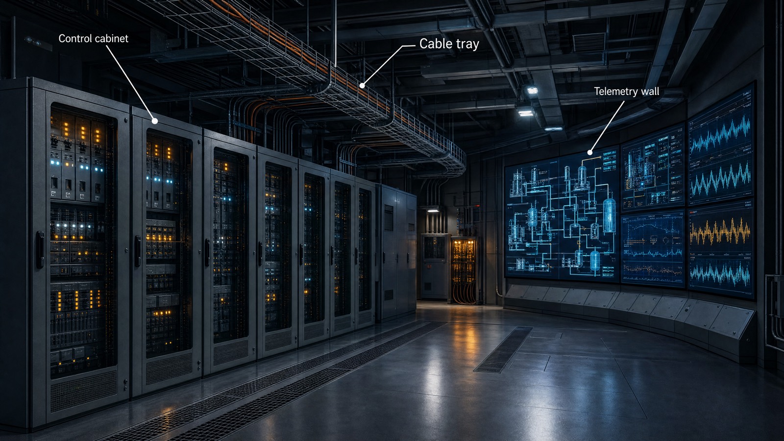 Control stack: cabinets, cable trays, telemetry wall