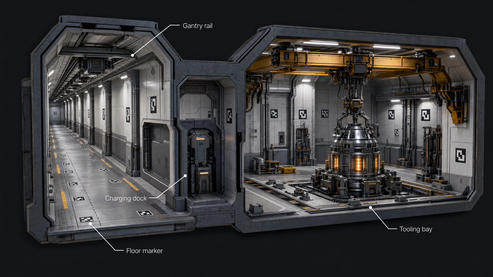 Robotic service corridors with gantry rail, charging dock and tooling bay