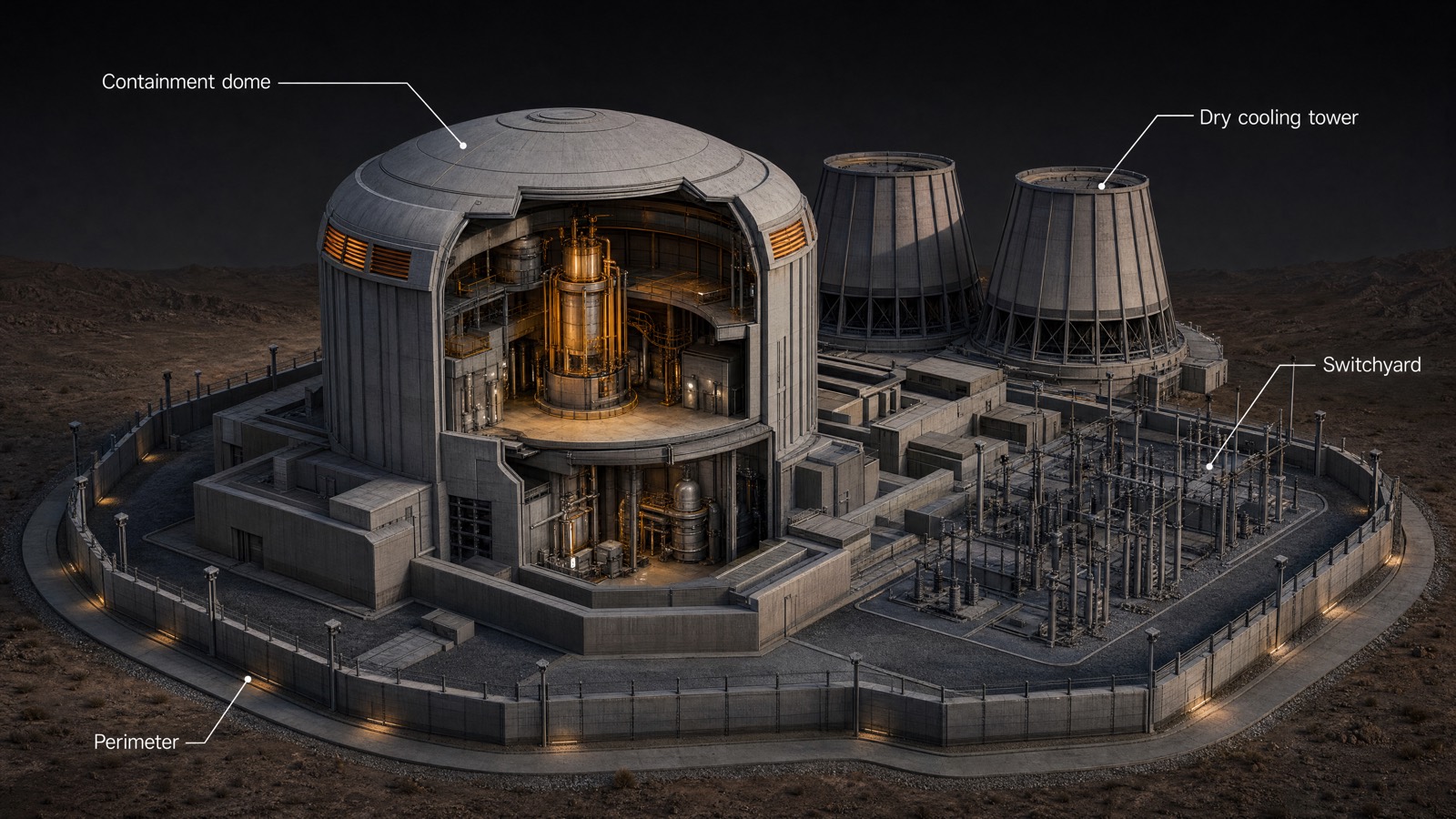 Annotated cutaway of a generated molten-salt plant: containment dome, dry cooling towers, switchyard, perimeter