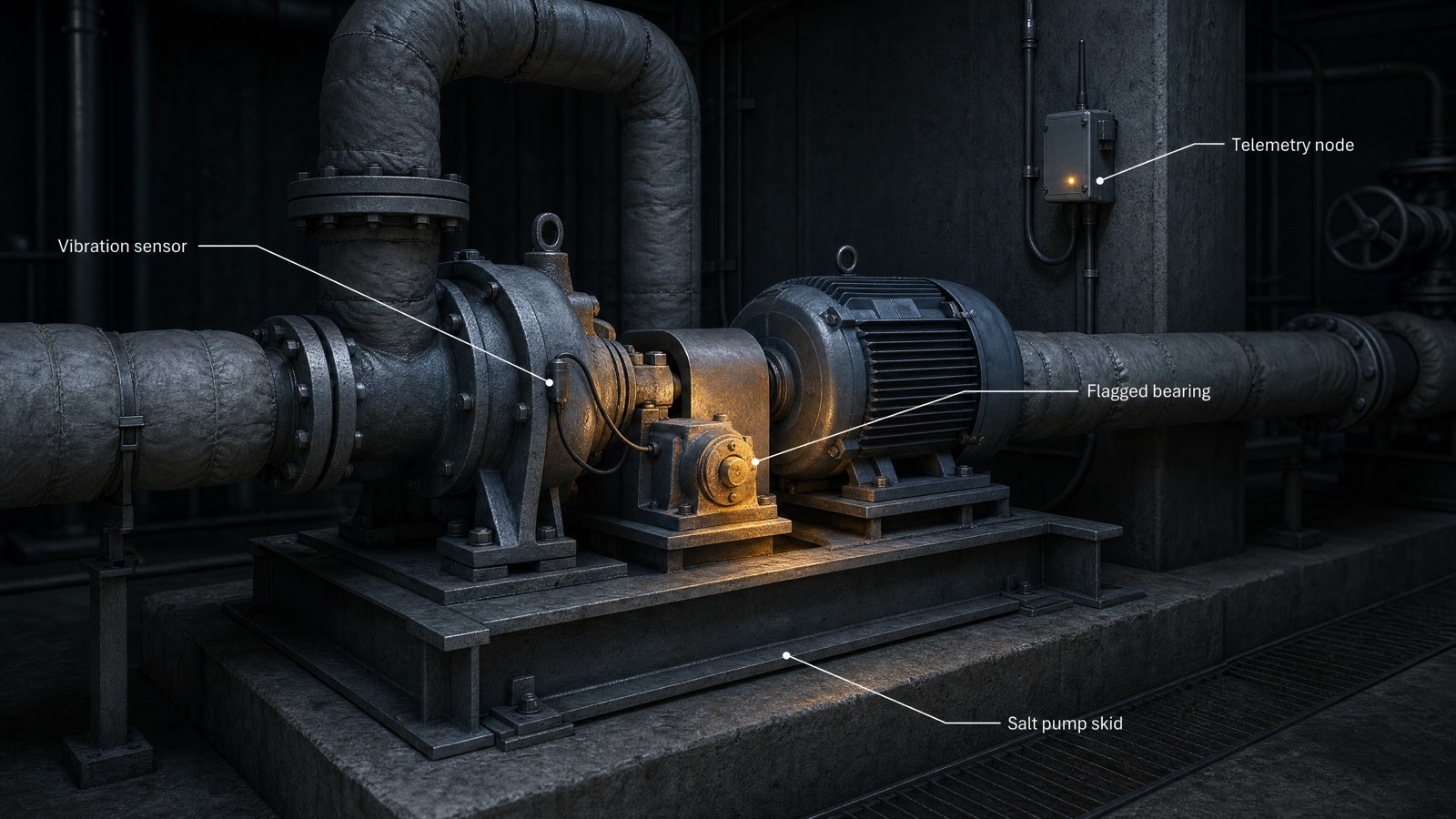 A flagged bearing on a salt pump skid, vibration sensor and telemetry node annotated