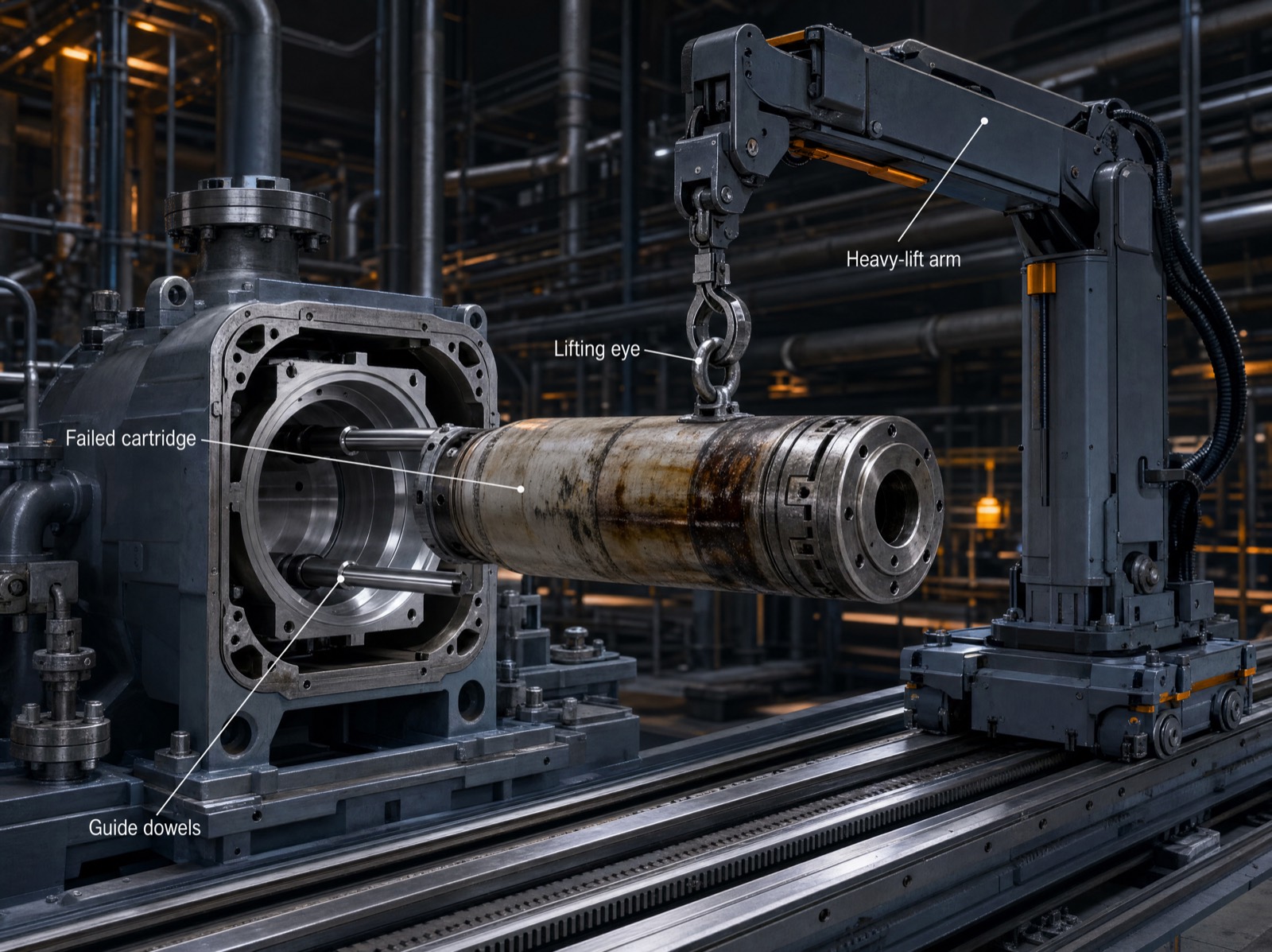 A failed cartridge extracted by a heavy-lift arm, guide dowels annotated