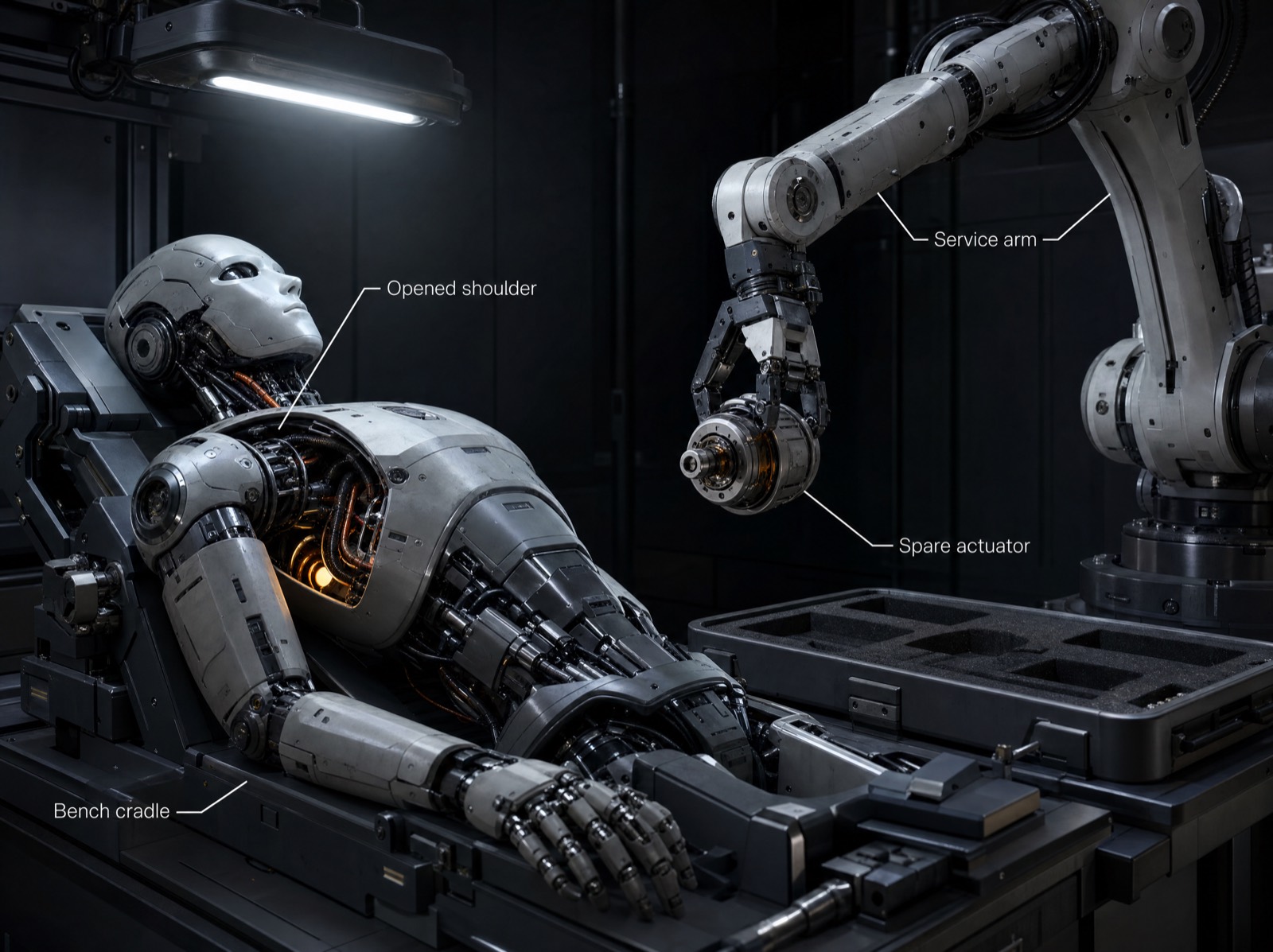 A service arm repairing a humanoid maintenance unit — from the generated world sample